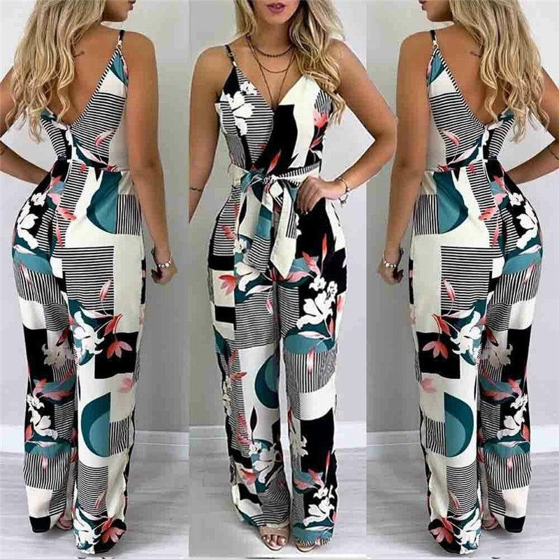 Long Playsuit Fashion Floral Printed Sleeveless Backless