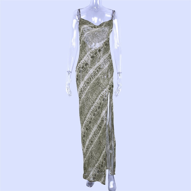 Night Backless and Sleeveless Dress with Snake Print Chiffon Long Party Transparent