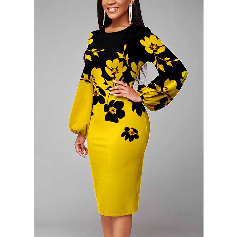 Office Round Neck Slim Puff Sleeve Floral Printing Dresses