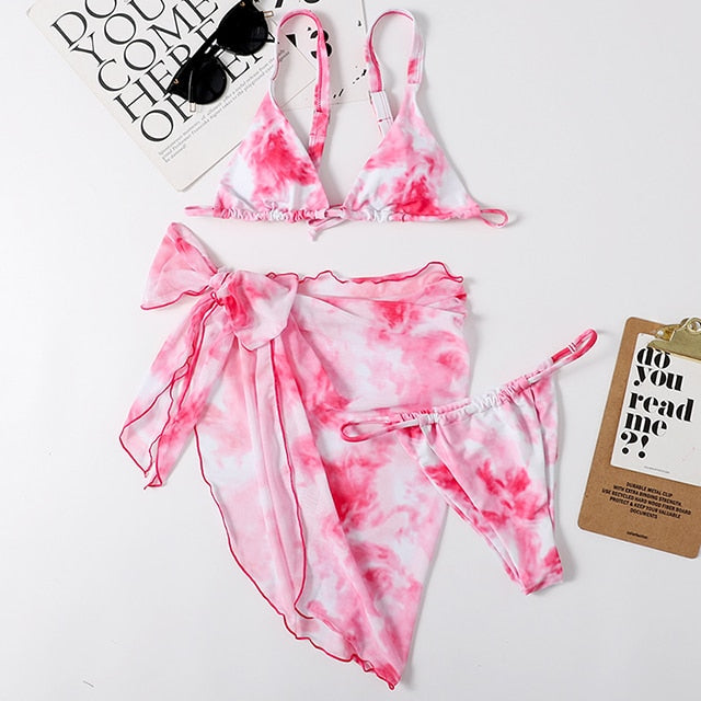 Three 3 Pieces Bikini Set With Skirt  Tie Dye Micro Thong