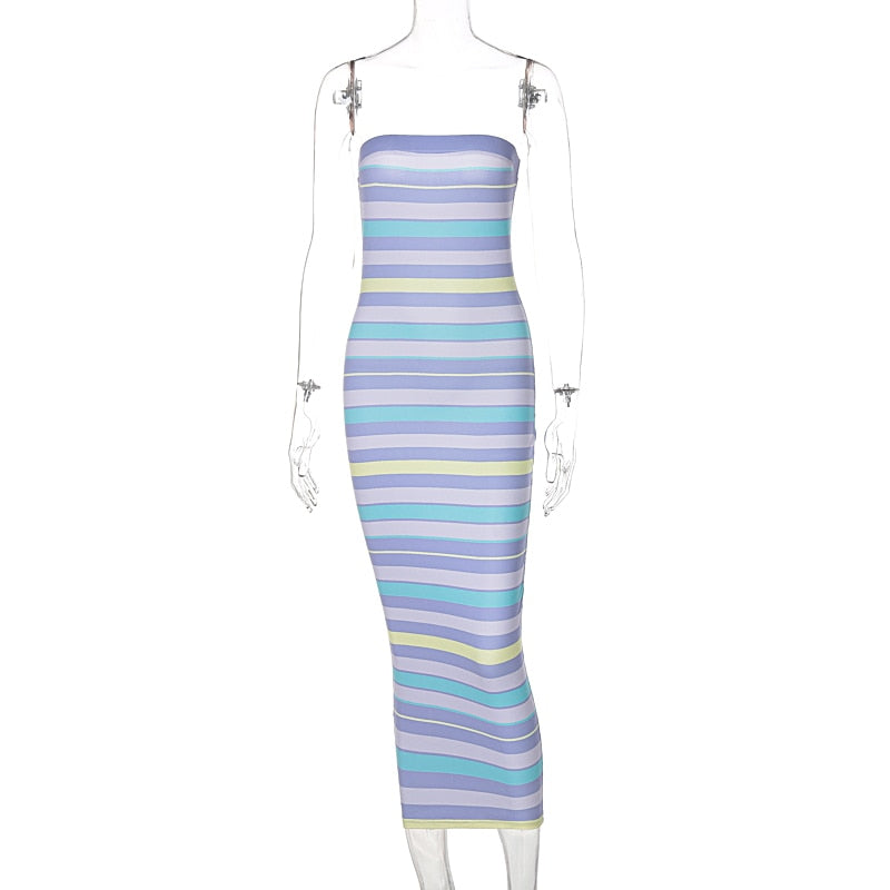 Striped Print Sleeveless Dress in Tube Bodycon