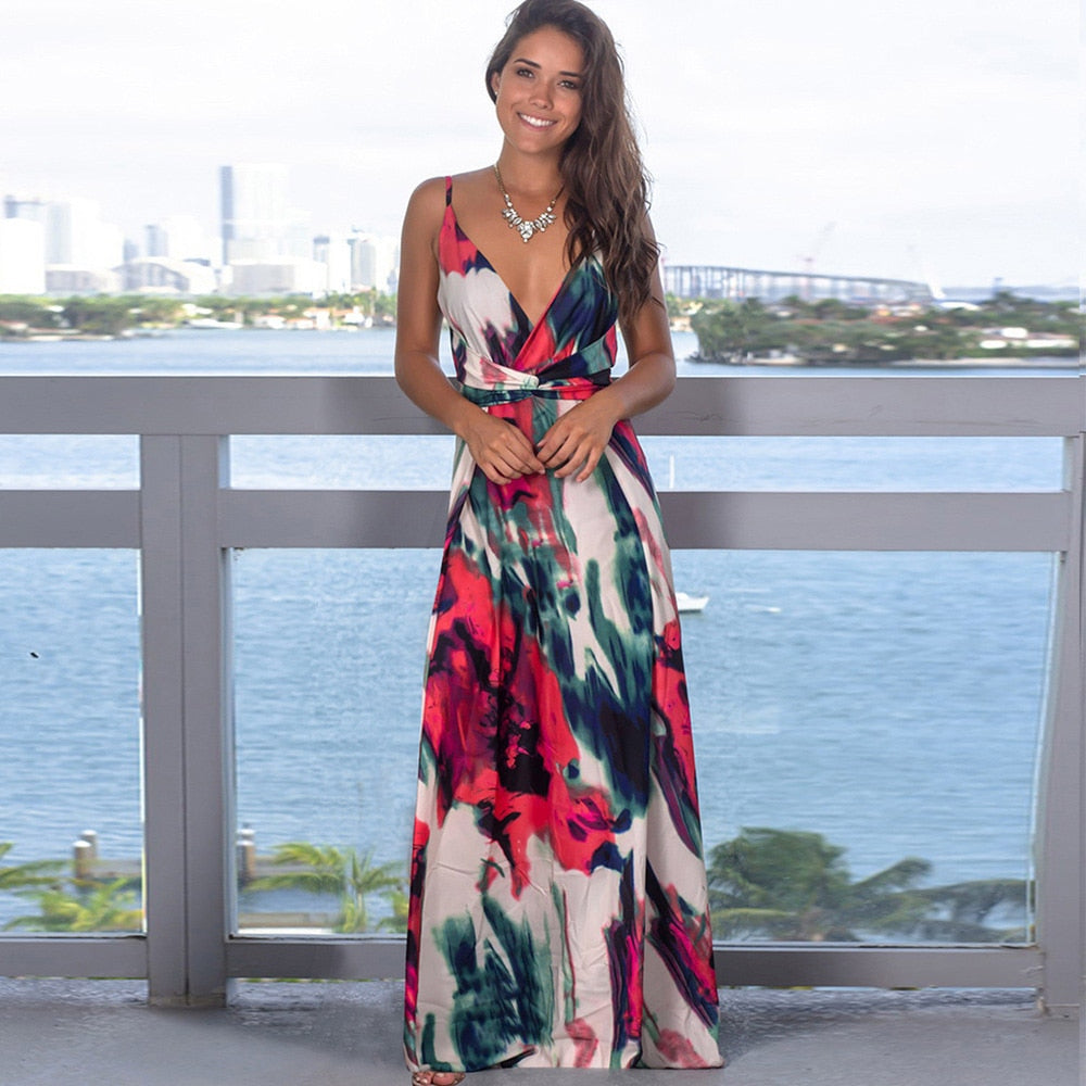 Long Floral Satin Dresses with Green V Neck Sleeveless