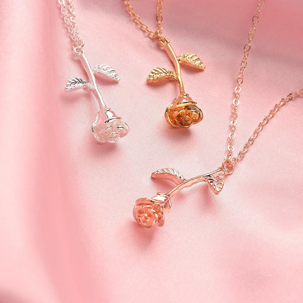 Rose Flower Pendant Necklaces (Gold, Silver and Rose)