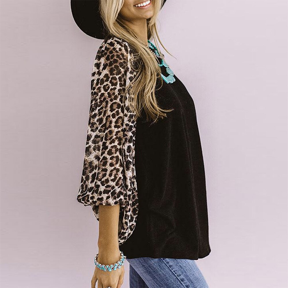 Elegant Top with Leopard Print and Long Sleeve Patchwork Fashion O- Neck Blouses Shirts