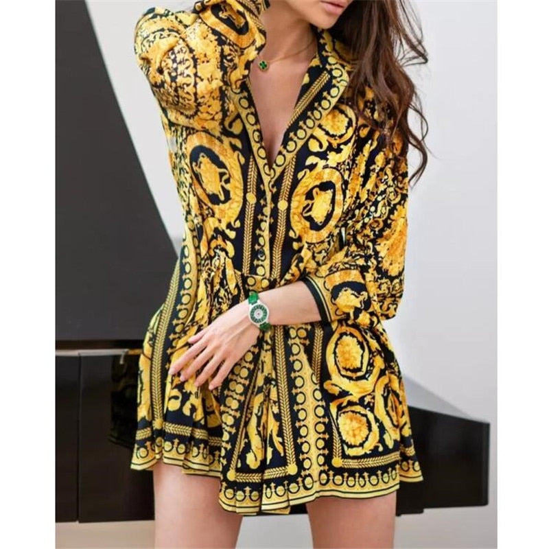 Fashion Vintage Boho Dress Loose Long Sleeve Party A-Line Dress Ladies Sexy V-neck Swing Short Mini Dresses