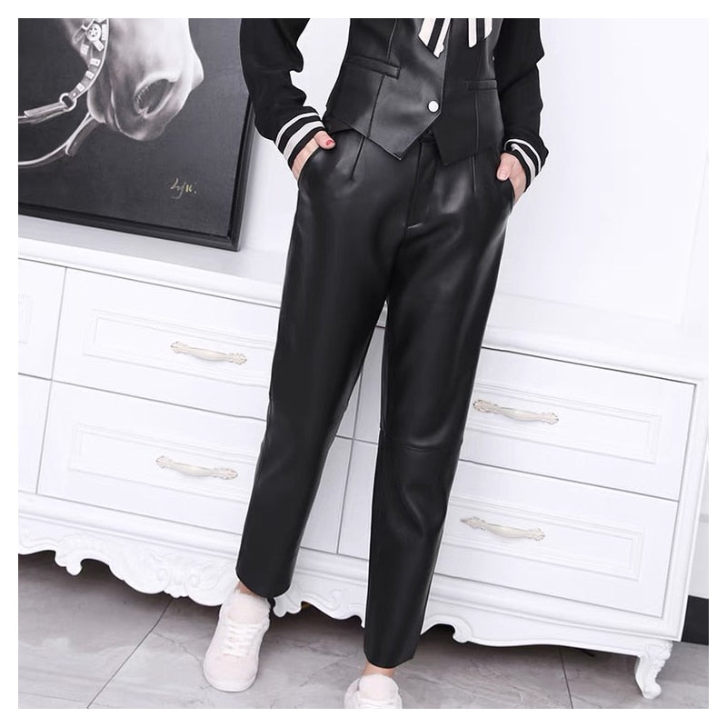 Leather Trousers in Korean Style and High Waist Pants - 100% Genuine Leather