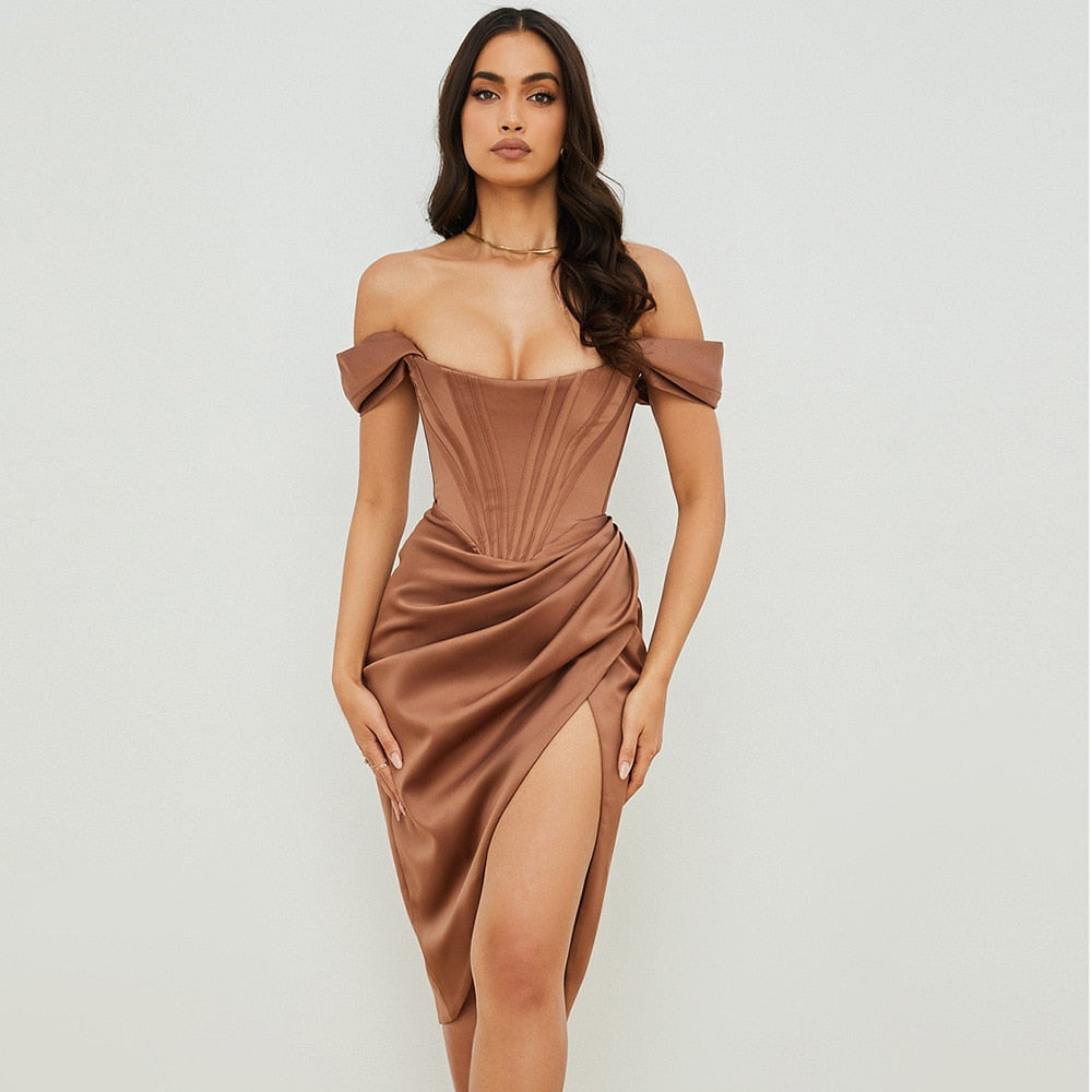 Dress with Pure Satin Corset Midi Dress Off Shoulder High Slit Ruched