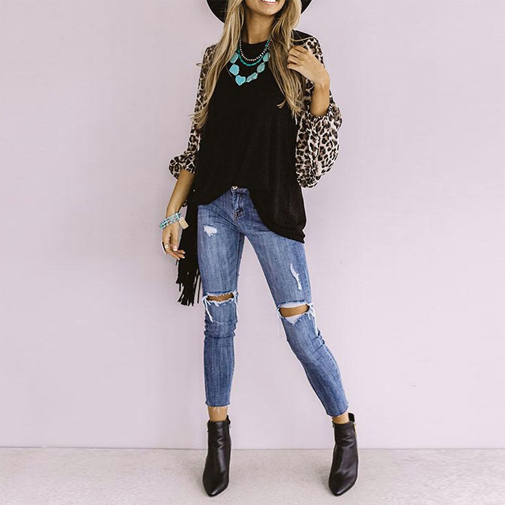 Top elegante com estampa de leopardo e manga longa patchwork moda blusas com gola redonda