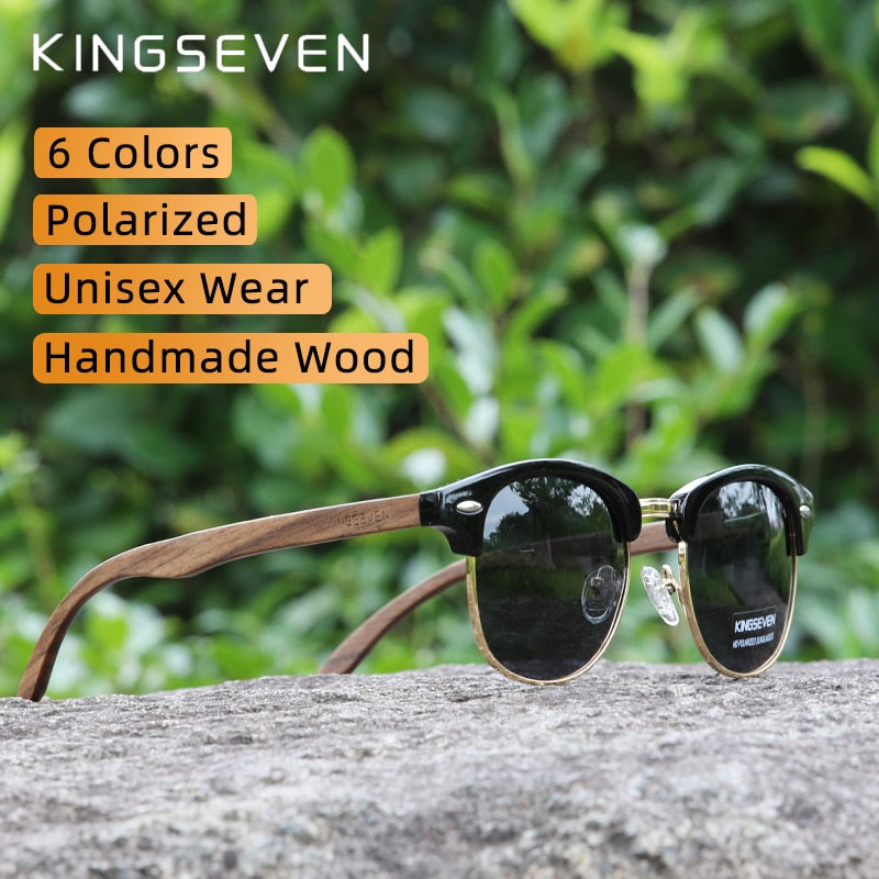 KINGSEVEN Handmade 2022 Black Walnut Wooden Sunglasses Polarized UV400 Protection Semi-Rimless Retro Eyewear