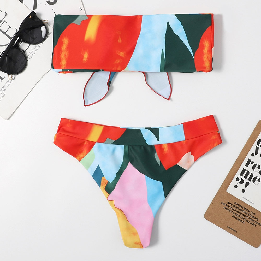 Conjunto de biquíni bandeau biquíni cintura alta estampado push up