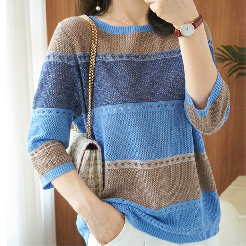 Summer Women Knitted Short Sleeve 2022 Thin Sweater Female Hollow Out Turtleneck Pullover Ladies