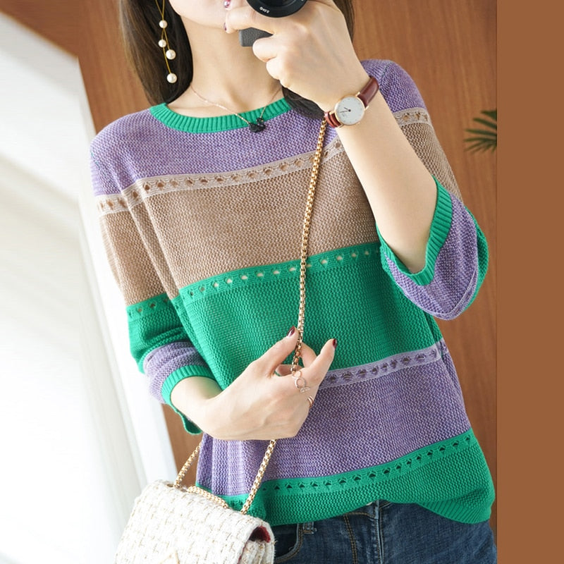 Summer Women Knitted Short Sleeve 2022 Thin Sweater Female Hollow Out Turtleneck Pullover Ladies