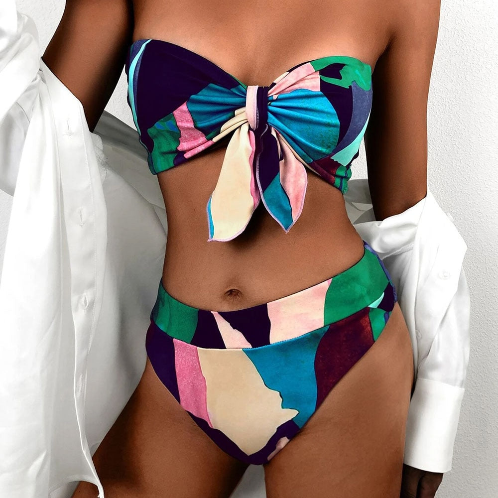 Conjunto de biquíni bandeau biquíni cintura alta estampado push up