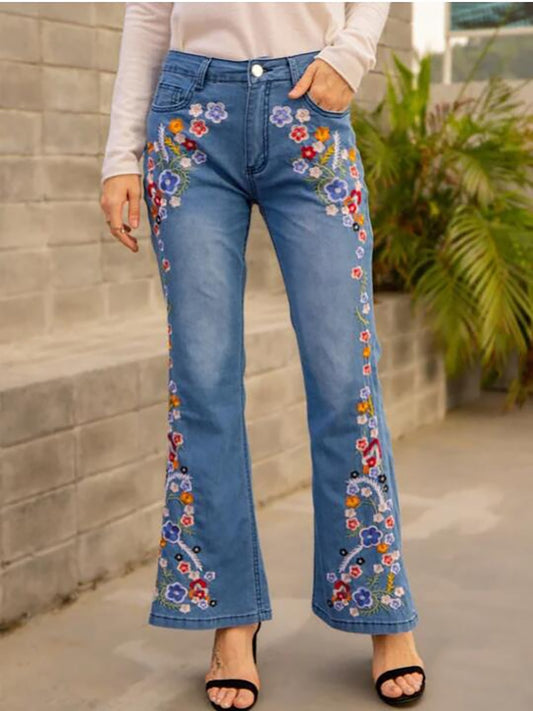 Gorgeous Jeans with Embroidered Slim Fit Slimming Flare Pants