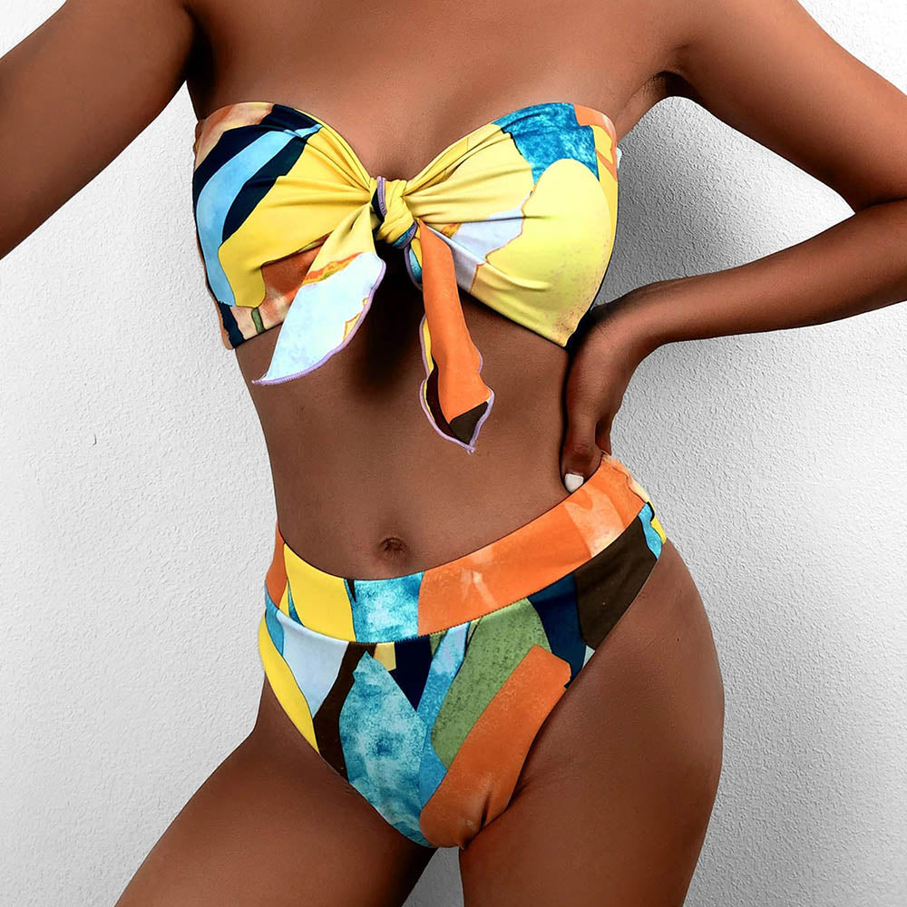 Conjunto de biquíni bandeau biquíni cintura alta estampado push up