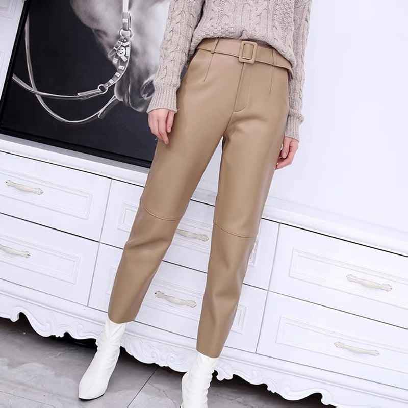 Leather Trousers in Korean Style and High Waist Pants - 100% Genuine Leather