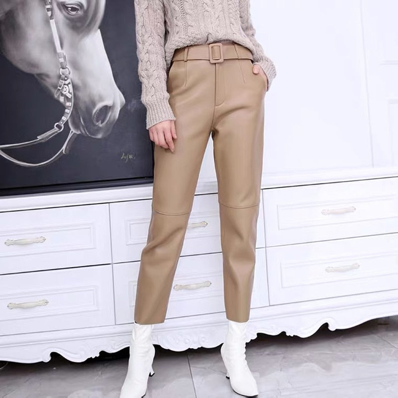 Leather Trousers in Korean Style and High Waist Pants - 100% Genuine Leather