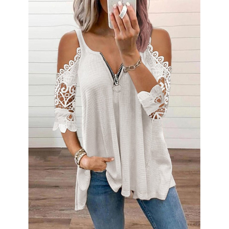 Off Shoulder Lace Patchwork V Neck Zipper Casual Elegant Tunic T-shirt Fashion Ladies Tops