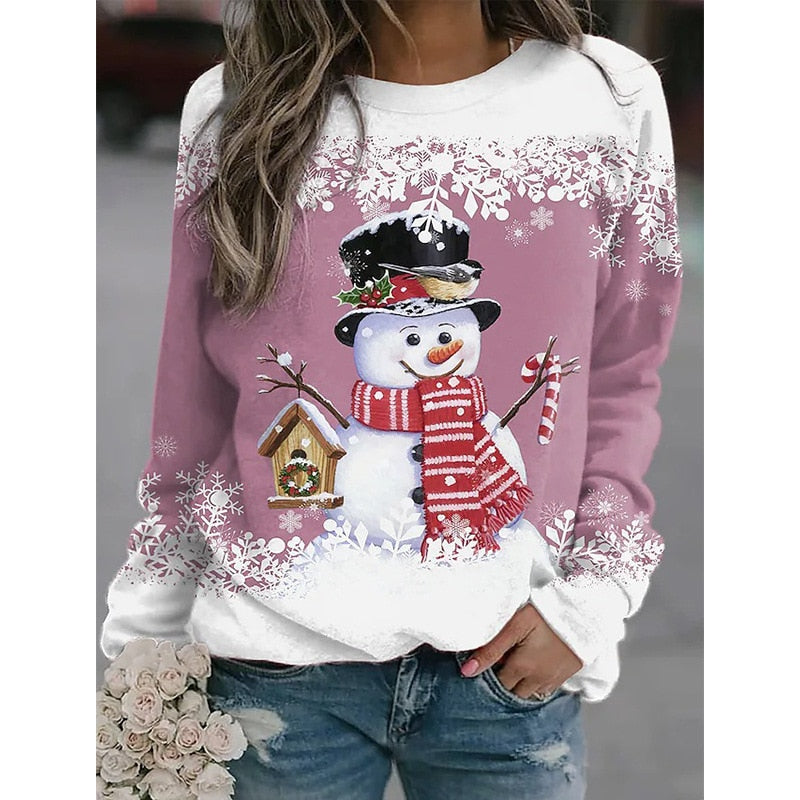 Autumn Winter T-shirt Christmas Printed Snowman Long Sleeve Loose Casual with Round Neck