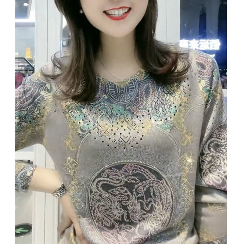 Autumn Winter O Neck with Printed Diamonds Sweater Loose Casual Pullover Top