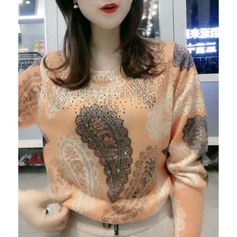 Autumn Winter O Neck with Printed Diamonds Sweater Loose Casual Pullover Top