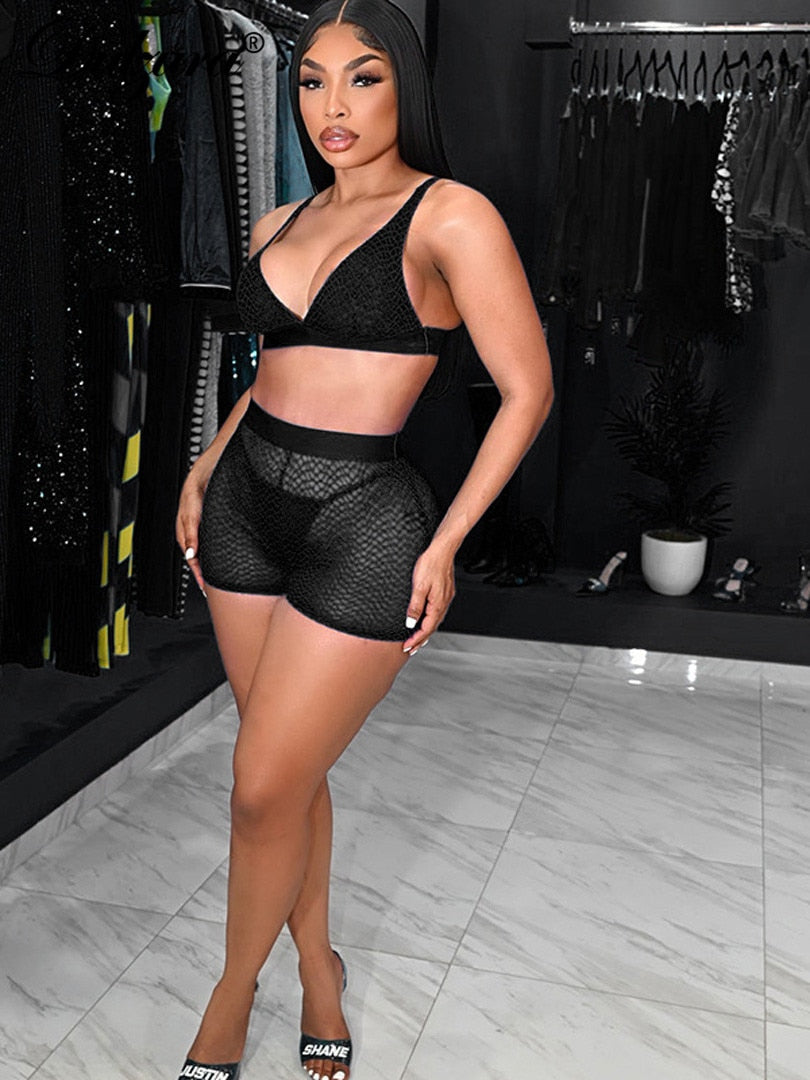 Mesh Two Piece Sets Bra Crop Top Biker Shorts Suit Sexy