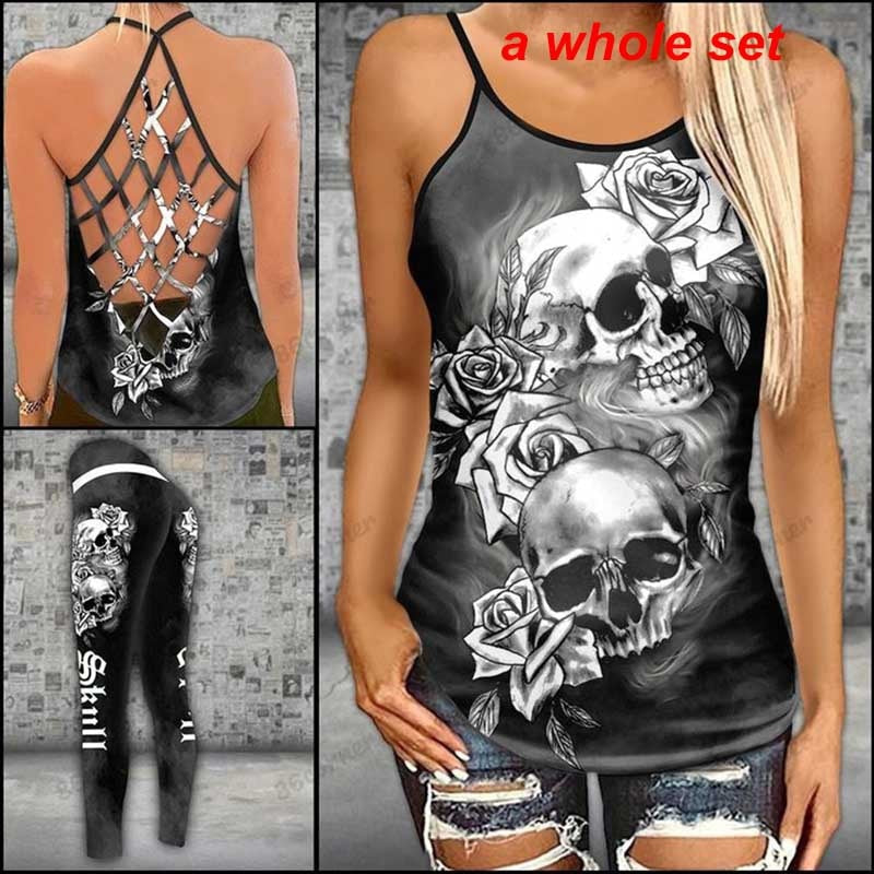 Women Fashion Skull Cloud Dark Gothic Criss-Cross Yoga Leggings + Combo Hollow Out Tank Top