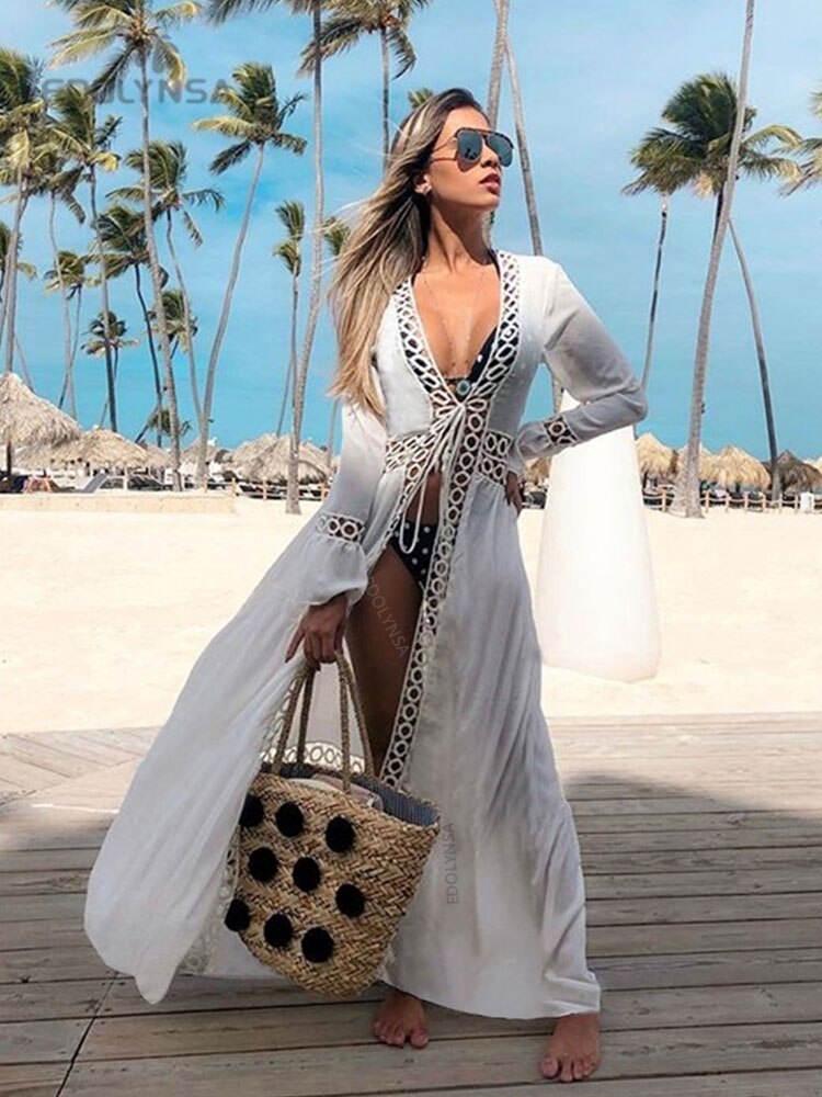 Women Swimsuit Cover Ups Mandarin Sleeve Kaftan Beach Tunic Dress Robe De Plage Solid White Pareo Beach Cover-ups