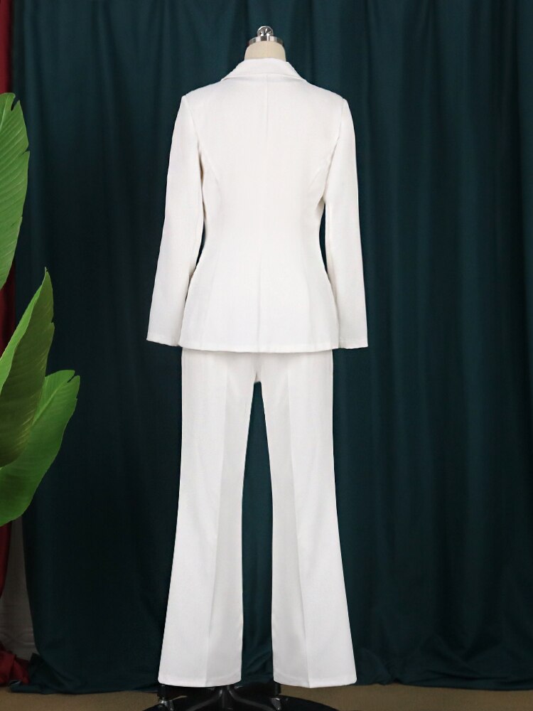 Blazer and Pants Suits in White or Black Colors with Sexy V Neck Long Wide Leg Trousers in Regular and Plus size