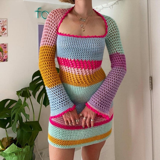 Colorful Patchwork Hollow Out Crochet Knitted Mini Dress with Long Sleeve