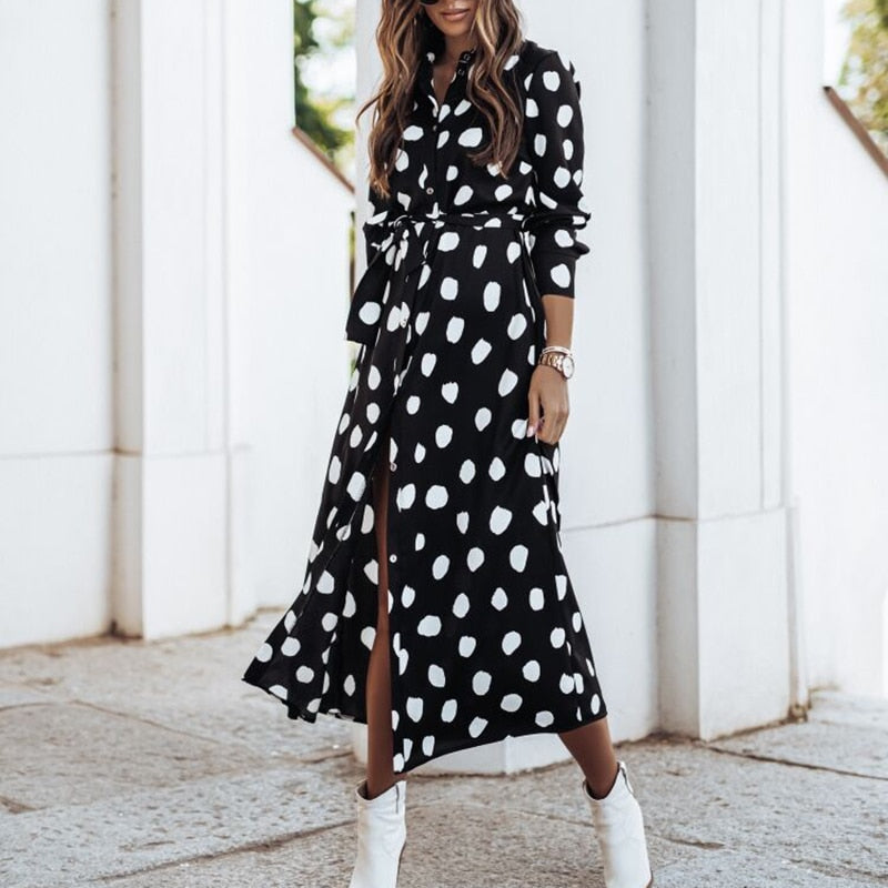 Spring Autumn Elegant Dress in V-Neck Polka Dot Print Three-Quarter Sleeve Lace-Up