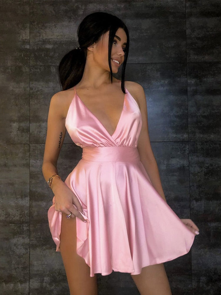 Satin Sexy Backless Sleeveless Party Night Club Wrap Mini Dresses Spaghetti Straps Elegant Dress Solid