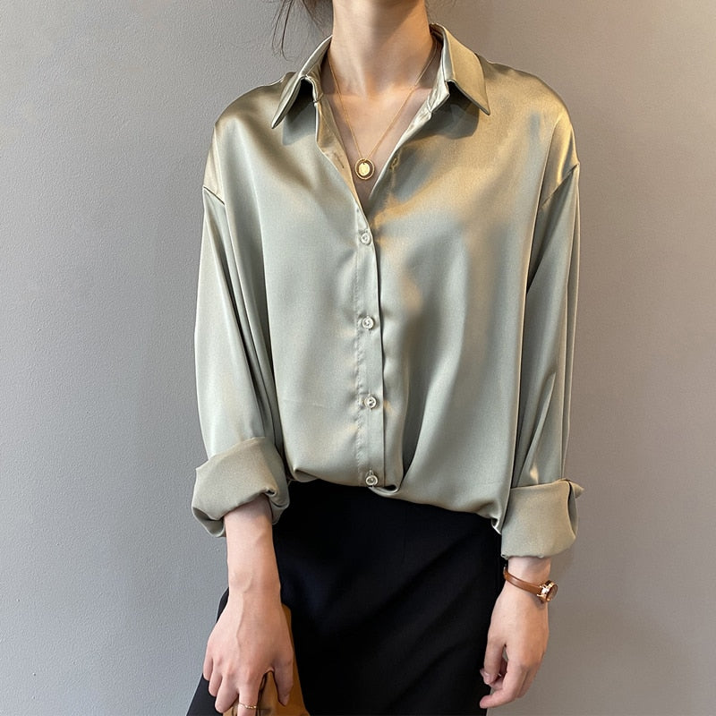 Autumn Fashion Button Up Satin Silk Shirt Vintage Blouse Women White Lady Long Sleeves Female Loose Street