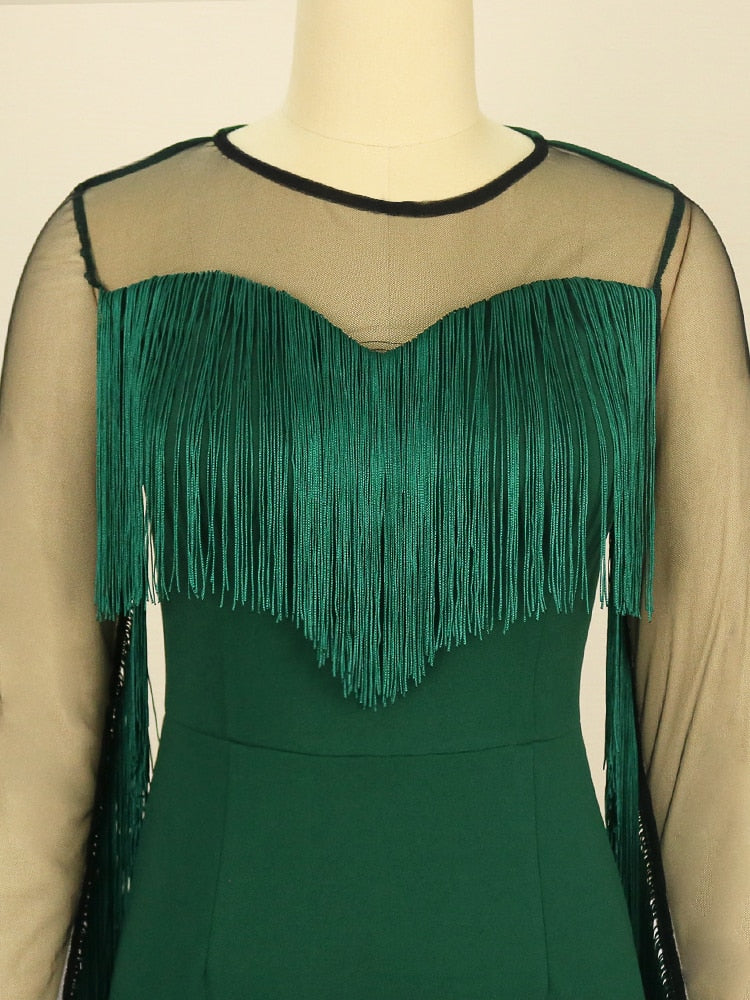 Elegant Plus Size Fringe Dress with Long Sleeve and Mesh Tassel