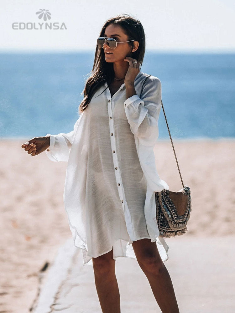 Women Swimsuit Cover Ups Mandarin Sleeve Kaftan Beach Tunic Dress Robe De Plage Solid White Pareo Beach Cover-ups