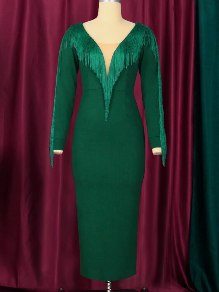 Dark Green Tassels Dresses Plus Size with Tulle V Neck and Long Sleeve Sheath Fringe Gowns Dress