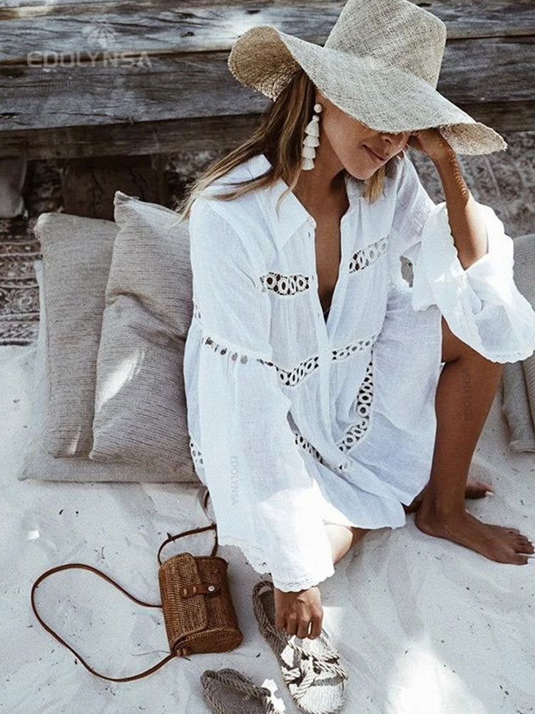 Women Swimsuit Cover Ups Mandarin Sleeve Kaftan Beach Tunic Dress Robe De Plage Solid White Pareo Beach Cover-ups