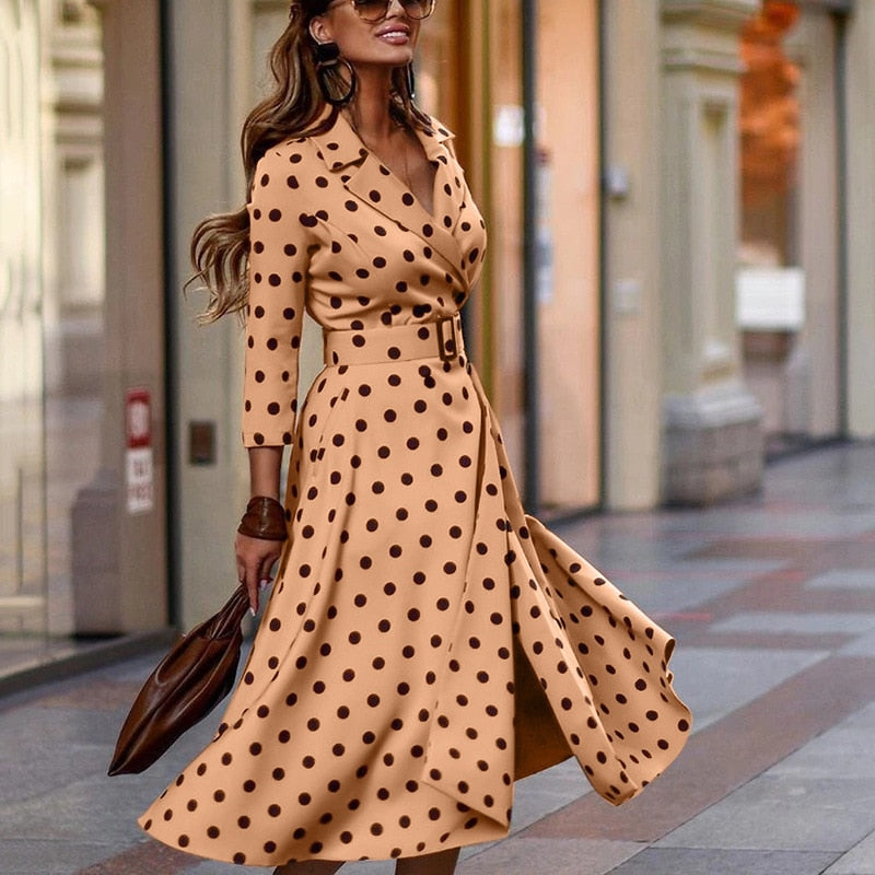 Spring Autumn Elegant Dress in V-Neck Polka Dot Print Three-Quarter Sleeve Lace-Up