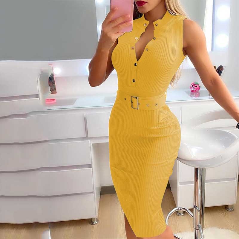 Elegant Round Neck Button Sleeveless Belt Casual Dress Mid Waist Slim A-line Skirt