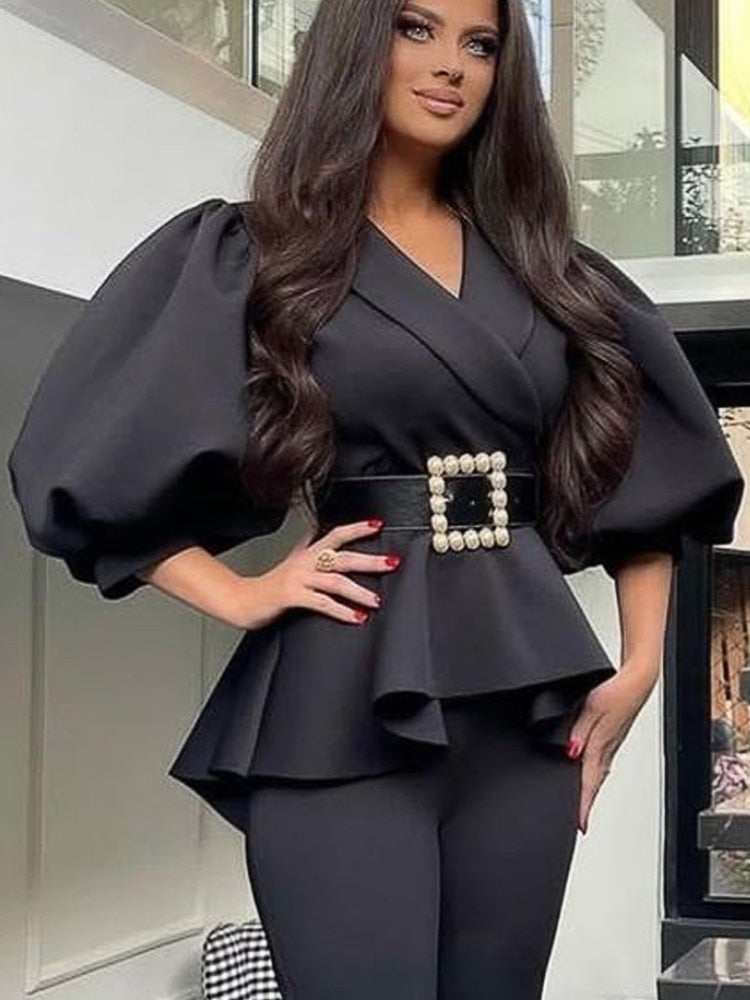 Black Top Blouses Short Puff Sleeve Ruffles Elegant Women Office Plus Size