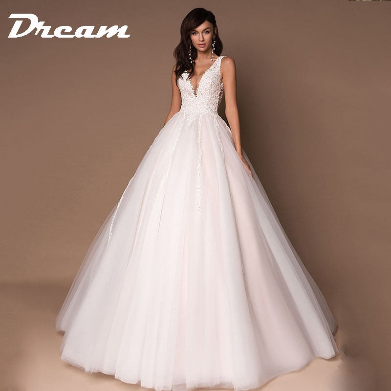 DREAM Tule Deep V-neck sem mangas vestidos de noiva princesa 2022 contas bufantes apliques vestido de noiva vestido de baile vestidos de novia