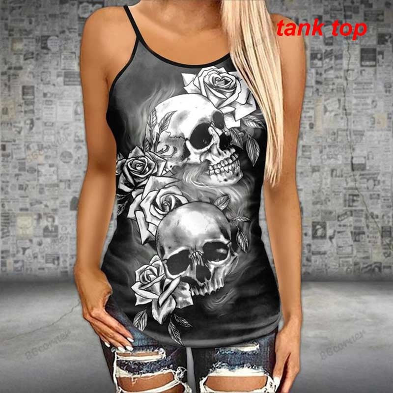 Women Fashion Skull Cloud Dark Gothic Criss-Cross Yoga Leggings + Combo Hollow Out Tank Top