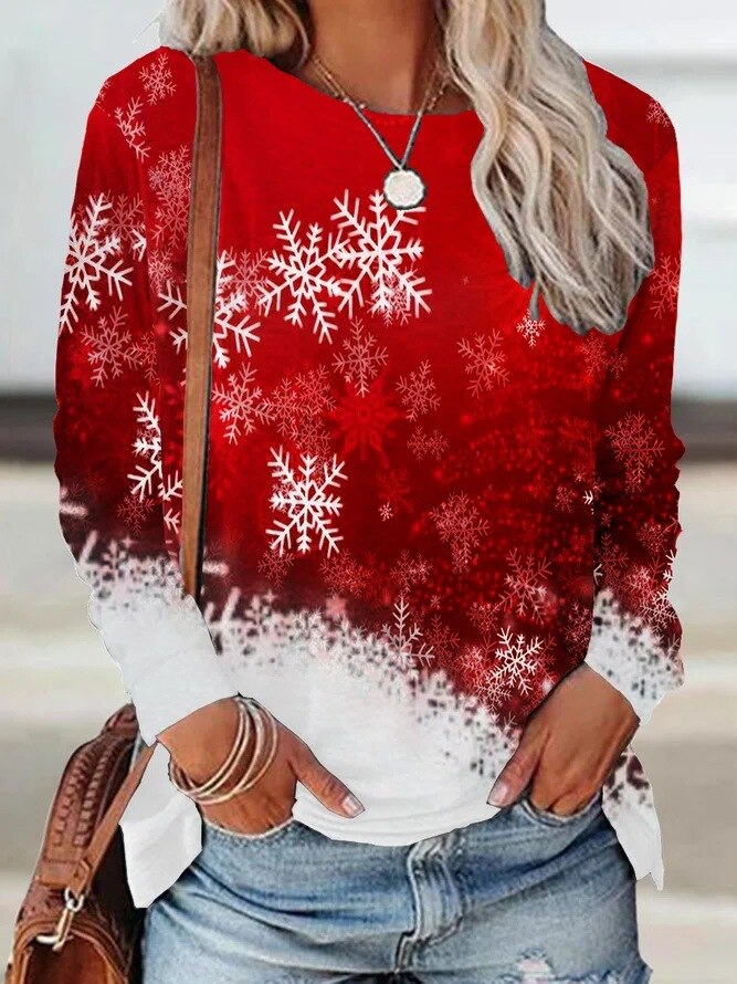 Autumn Winter Loose Casual Blouse with Round Neck and 3D Printing Christmas Long Sleeve T-shirt