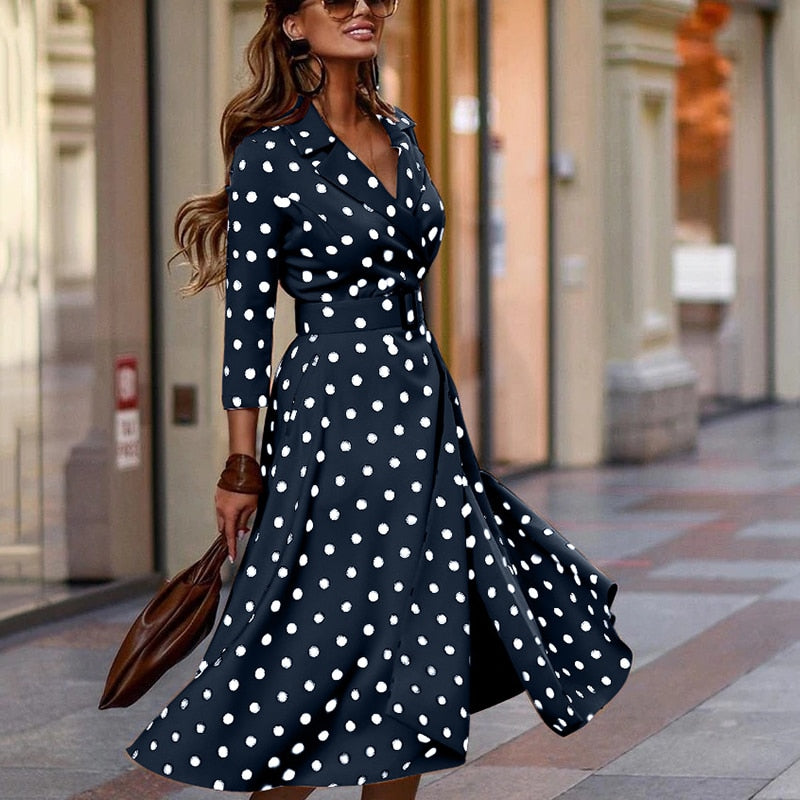 Spring Autumn Elegant Dress in V-Neck Polka Dot Print Three-Quarter Sleeve Lace-Up