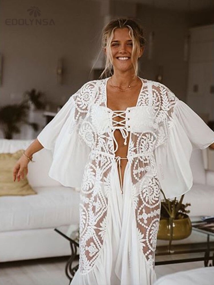 2022 New Bikini Cover-ups Sexy Belted Summer Dress White Lace Tunic Women Plus Size Beach Wear Swim Suit Cover Up Q1049