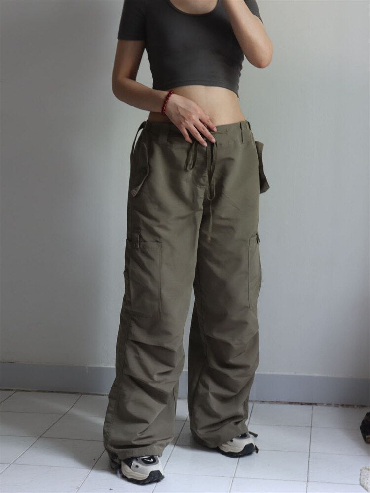 CHRONSTYLE Y2K Bottoms Women Low Waist Cargo Pants Aesthetic Drawstring Loose Causal with Pockets Jogger Trouser Streetwear 2022