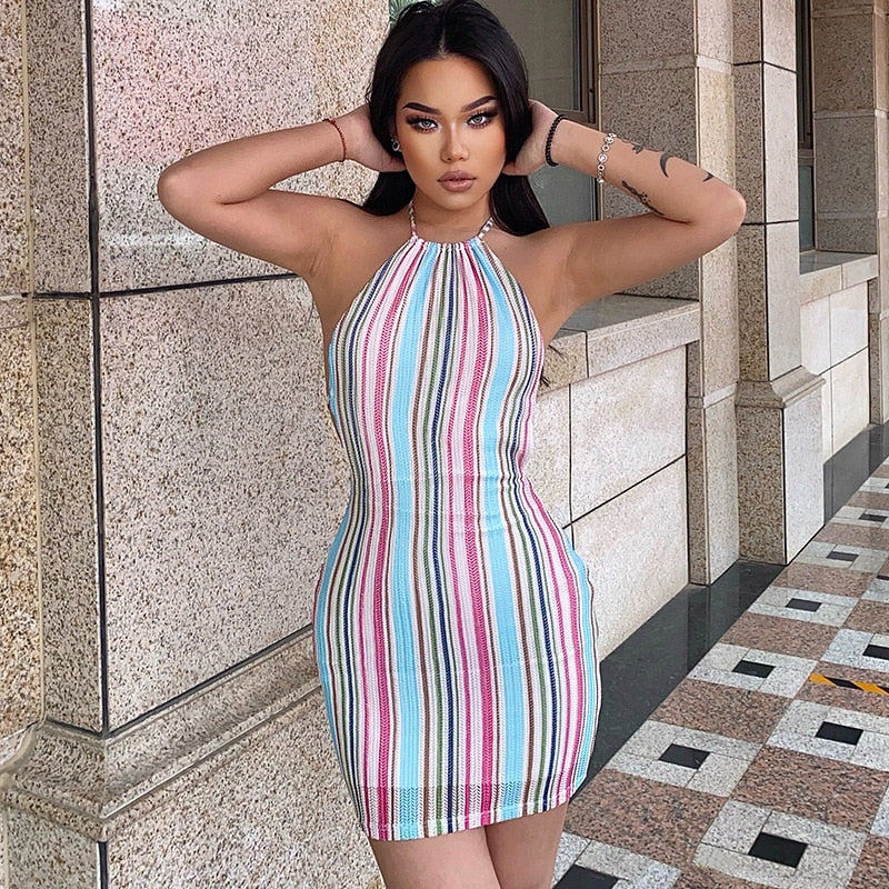 Women’s Fashion Sleeveless Stripe Printed Tie-up Backless Skinny Dress