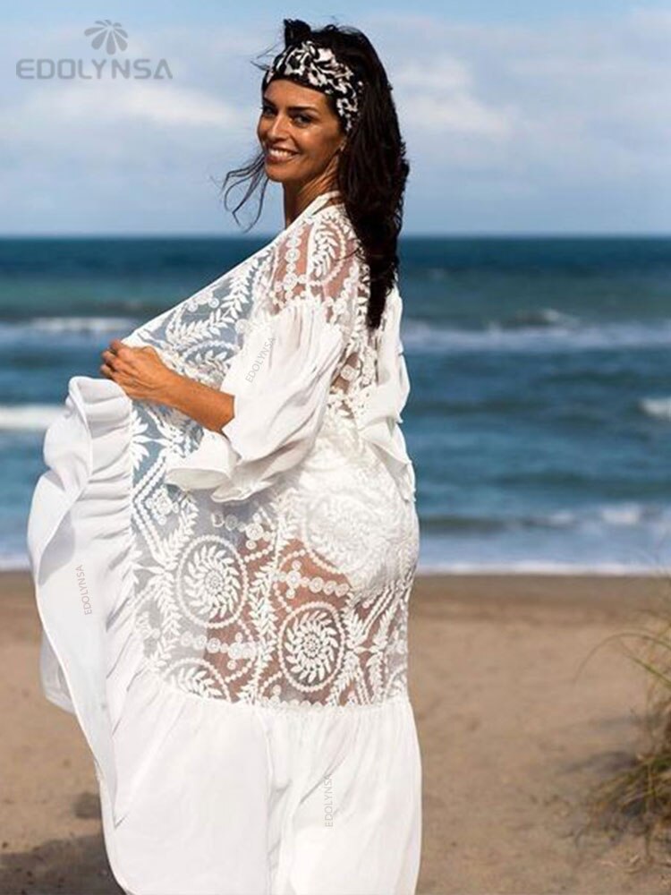 2022 Novo Biquíni Coberturas Vestido Sexy de Verão com Cinto Túnica Branca de Renda Feminina Plus Size Roupa de Praia Fato de Banho Q1049