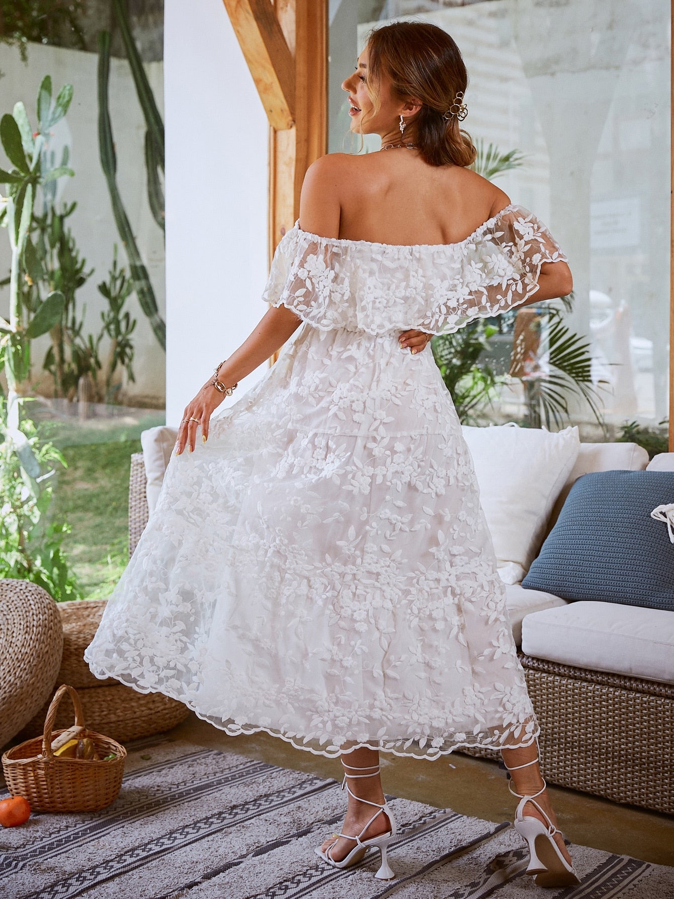 Elegant Dress Slash Neck Tulle and Off Shoulder for Summer and Spring