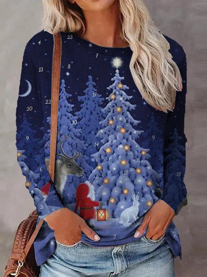 Autumn Winter Loose Casual Blouse with Round Neck and 3D Printing Christmas Long Sleeve T-shirt